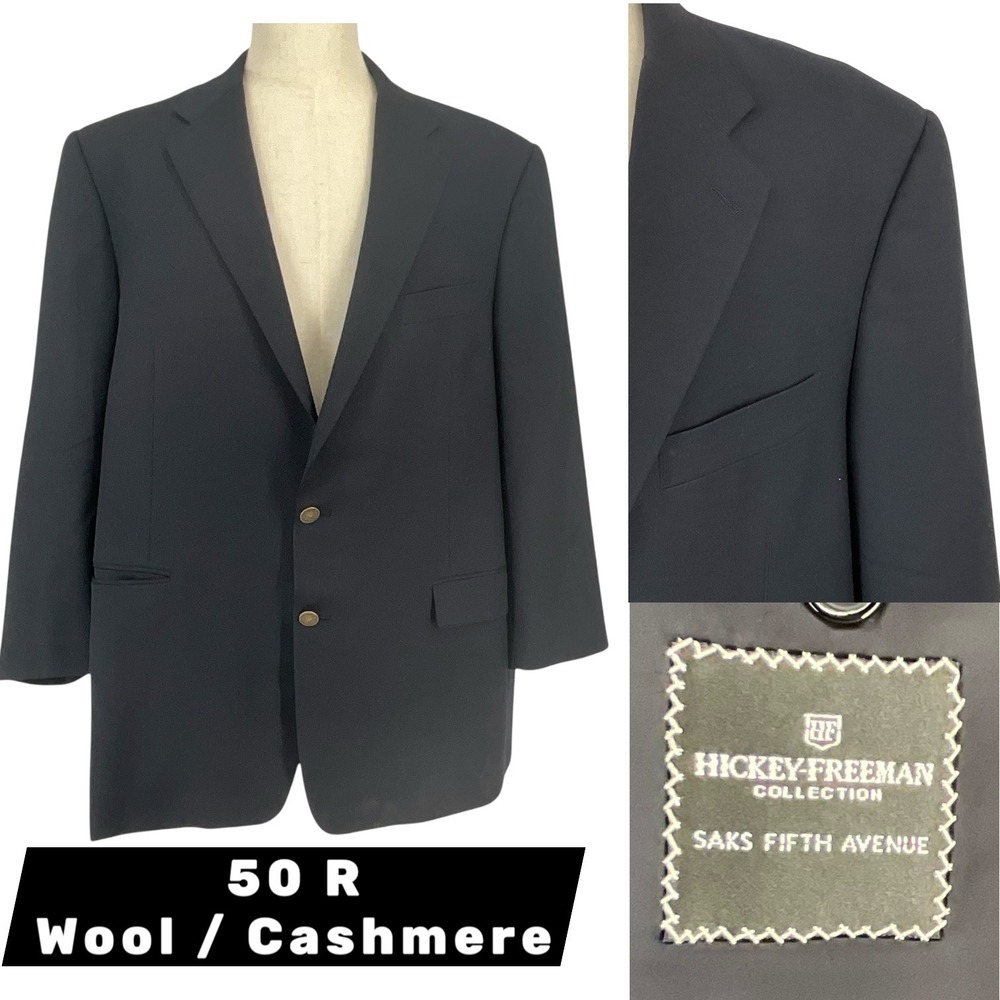 Hickey Freeman Saks Fifth Avenue Wool Cashmere Blazer Navy Blue 50R Gold Buttons